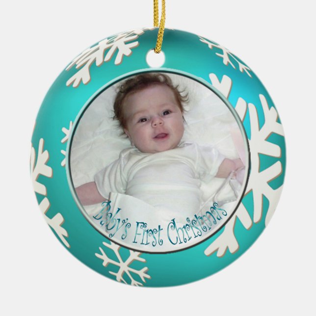 PixDezines Snowflakes Baby's First Christmas Ceramic Tree Decoration (Front)