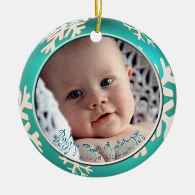 PixDezines Snowflakes Baby's First Christmas Ceramic Tree Decoration (Front)