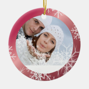 PixDezines Snowflakes Photo Template White + Red Ceramic Tree Decoration