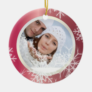 PixDezines Snowflakes Photo Template White + Red Ceramic Tree Decoration