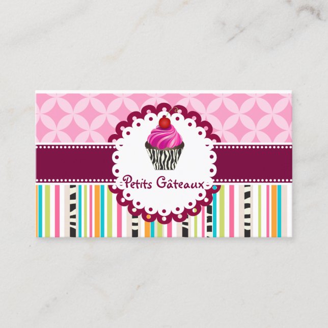 PixDezines strawberry swirls cupcake+stripes Business Card (Front)