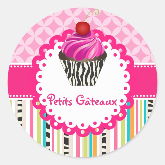 PixDezines stripes+lattice+cupcake/DIY colour Classic Round Sticker (Front)