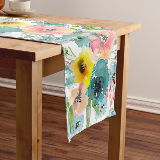 PixDezines Summer Floral Watercolor Short Table Runner (In Situ)