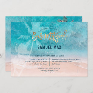 PixDezines surfs up, palm trees, beach ba mitzvah  Invitation
