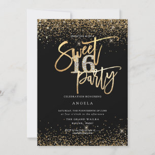 PixDezines Sweet 16 Diamond Black Gold Glitters Invitation