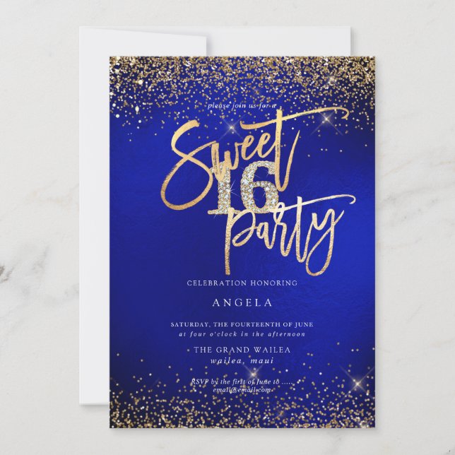 PixDezines Sweet 16 Diamond Glitters Royal Blue Invitation (Front)