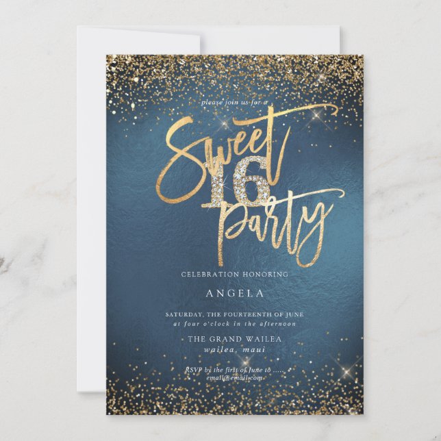 PixDezines Sweet 16 Diamond Glitters Slate Blue Invitation (Front)