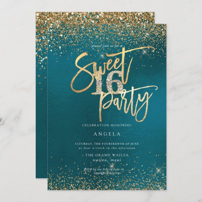 PixDezines Sweet 16 Diamond Gold Glitters Teal Invitation (Front/Back)