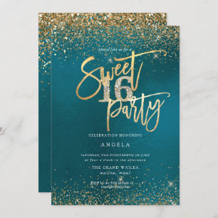 PixDezines Sweet 16 Diamond Gold Glitters Teal Invitation
