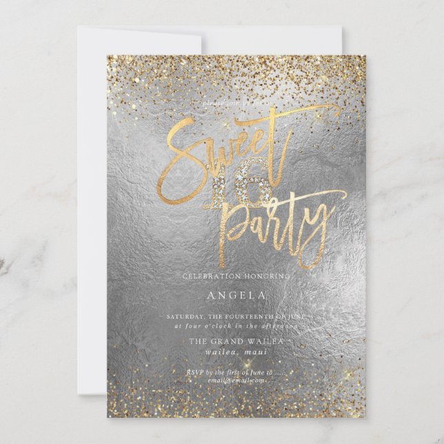PixDezines Sweet 16 Diamond Silver Gold Glitter In Invitation (Front)