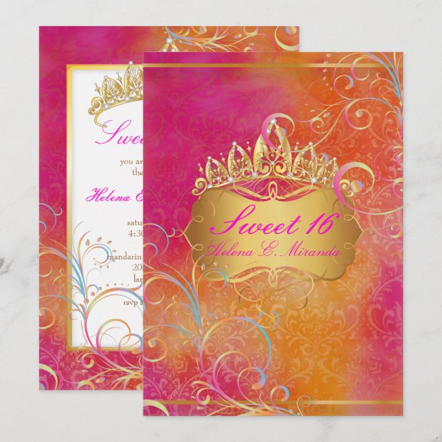 PixDezines SWEET 16, RAINBOW SWIRLS/ROSSI DAMASK Invitation (Front/Back)