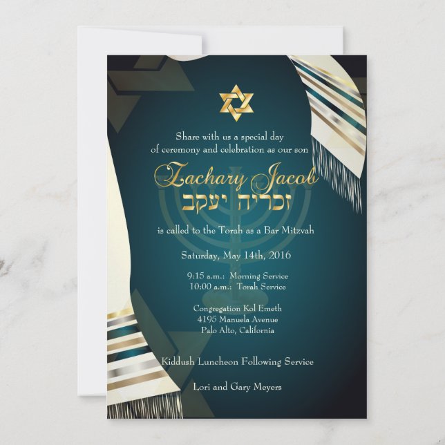 PixDezines Tallit Bar Mitzvah/Teal/Gold Invitation (Back)