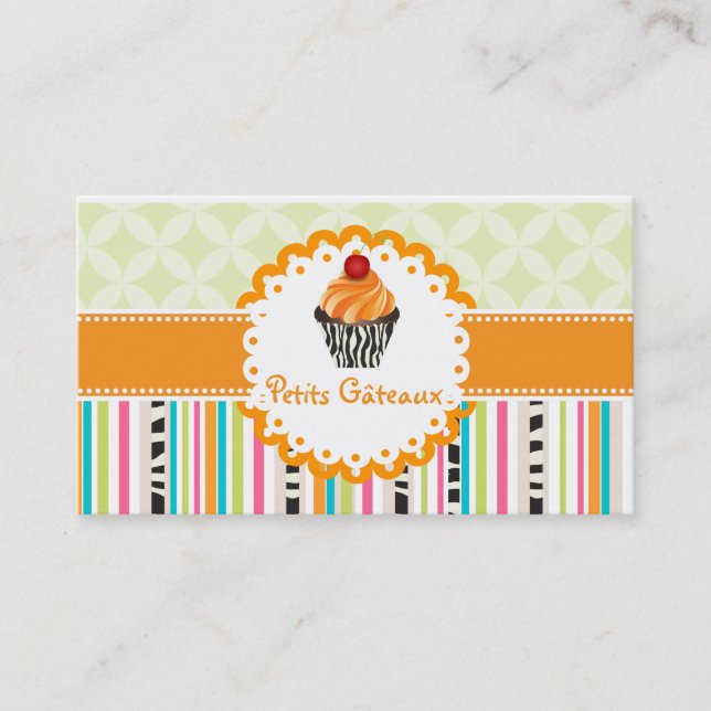 PixDezines tangerine swirls cupcake+stripes Business Card (Front)