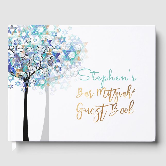 PixDezines Tree of Life Bar Mitzvah/Aqua Blue Guest Book (Front)