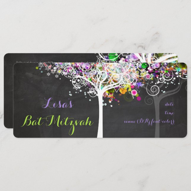 PixDezines tree of life Bat Mitzvah/chalkboard Invitation (Front/Back)