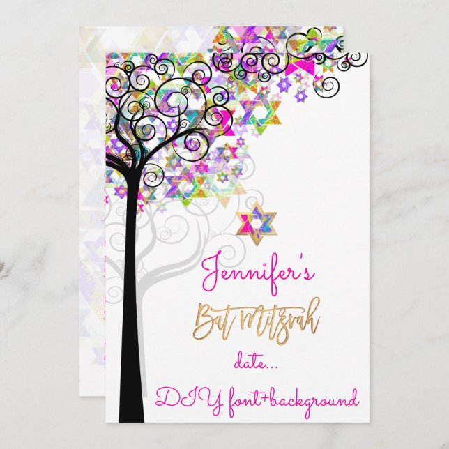 PixDezines TREE OF LIFE BAT MITZVAH/NEON PINK Invitation (Front/Back)