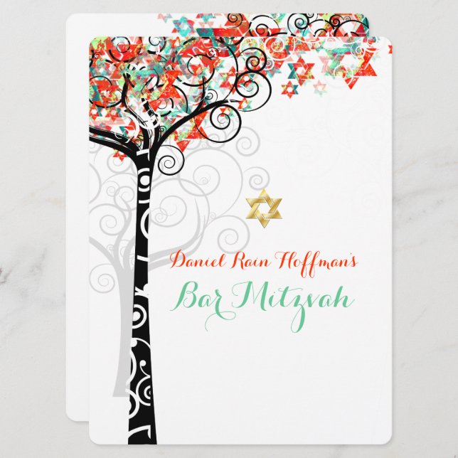 PixDezines tree of life mitzvah/Mint Green/Orange Invitation (Front/Back)