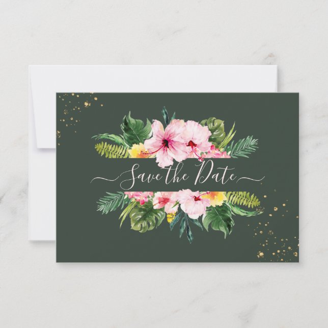 PixDezines Tropical Floral & Foliage Hunter Green  Save The Date (Front)
