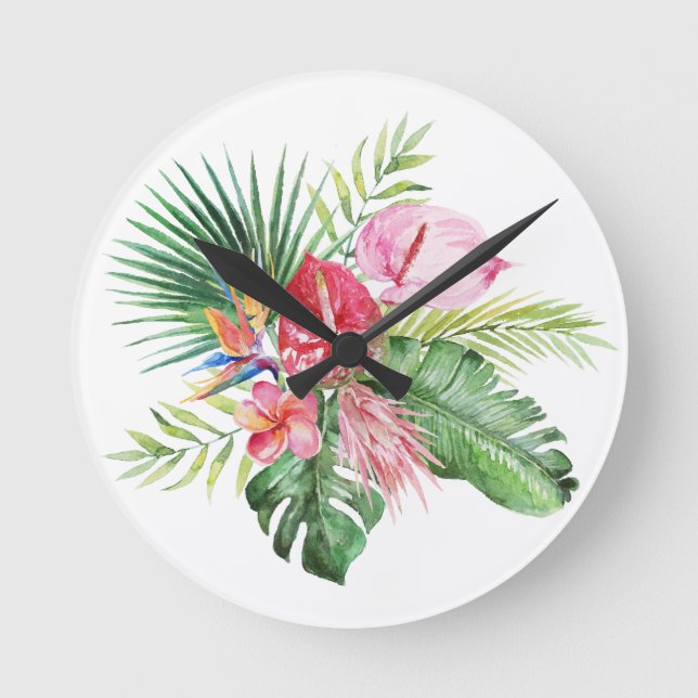 PixDezines Tropical Paradise Lush Floral Foliage Round Clock (Front)