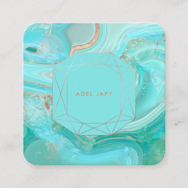 PixDezines Turquoise Rose Gold Emerald Cut Frame Square Business Card (Front)