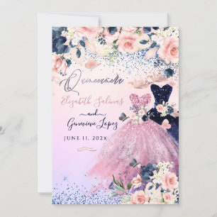PixDezines Twins Quinceanera Navy Blue+Blush  Invitation
