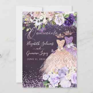PixDezines Twins Quinceanera RoseGold Dusty Purple Invitation