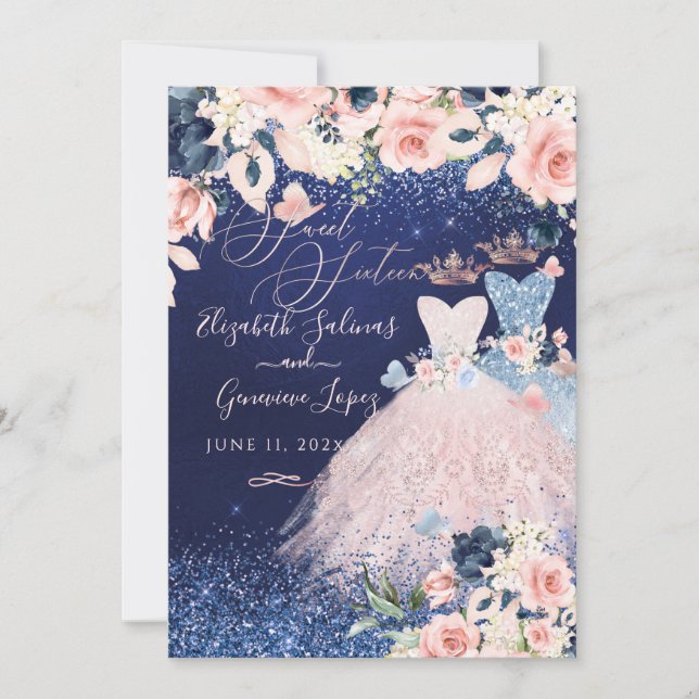 PixDezines Twins Sweet 16 Dusty Blue+Blush Invitat Invitation (Front)