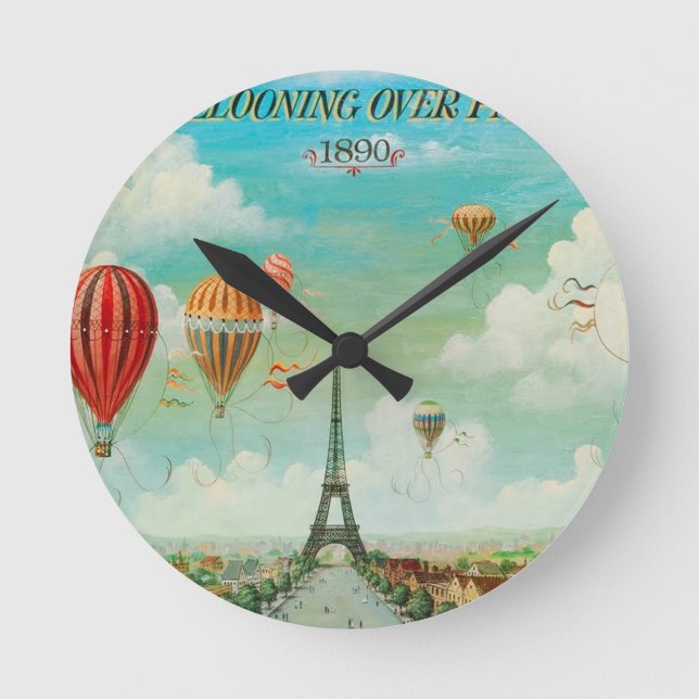 PixDezines vintage balloons/eiffel/paris Round Clock (Front)