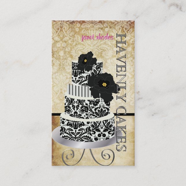 PixDezines Vintage Black damask cake/pâtisserie Business Card (Front)
