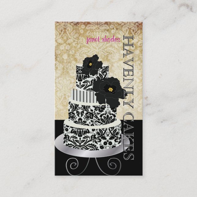PixDezines Vintage Black damask cake/pâtisserie Business Card (Front)