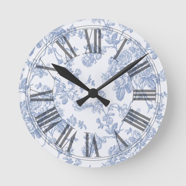 PixDezines Vintage Blue Roses Toile Round Clock (Front)