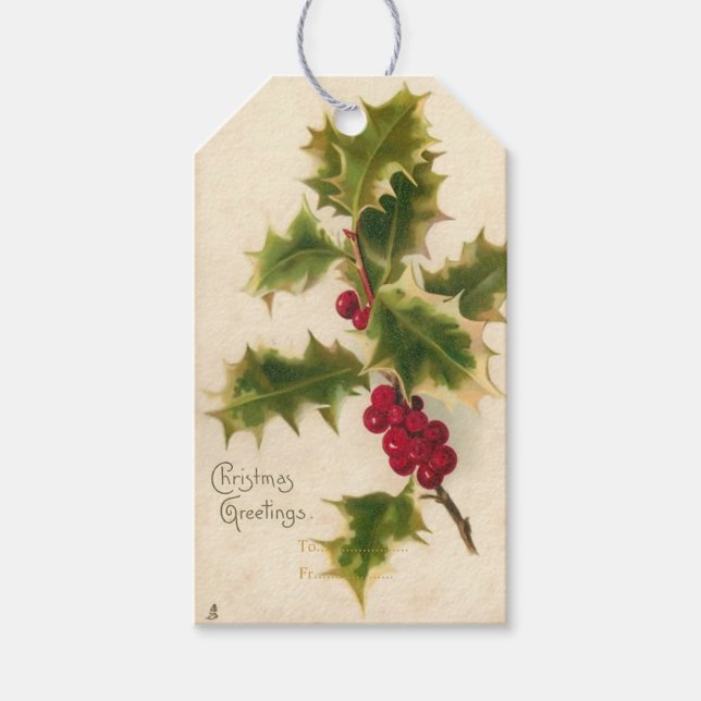PixDezines Vintage Christmas Holly Gift Tags (Front)