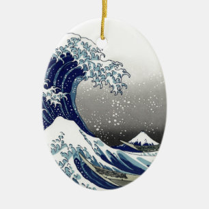 PixDezines Vintage, Great Wave, Hokusai 葛飾北斎の神奈川沖浪 Ceramic Tree Decoration