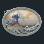 PixDezines Vintage, Great Wave, Hokusai 葛飾北斎の神奈川沖浪 Oval Belt Buckle<br><div class="desc">PixDezinves Vintage of Japanese art with faux gold accent. The Great Wave of Kanagawa is one of the most seen worldwide. The artist,  Hokusai,  1832 (Edo Period). Depicting okinami as the great waves,  NOT tsunami.  Digitally enhanced by PixDezines.
Copyright © 2008-2014 PixDezines.com™ and PixDezines™ on zazzle.com</div>