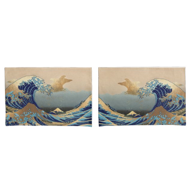 PixDezines Vintage, Great Wave, Hokusai 葛飾北斎の神奈川沖浪 Pillowcase (Front-Set)
