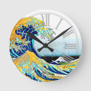 PixDezines Vintage, Great Wave, Hokusai 葛飾北斎の神奈川沖浪 Round Clock