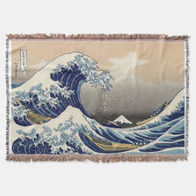 PixDezines Vintage, Great Wave, Hokusai 葛飾北斎の神奈川沖浪 Throw Blanket (Front)