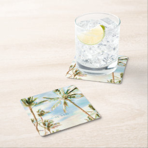 PixDezines Vintage Hawaiian Beach/Coral/Blue Square Paper Coaster