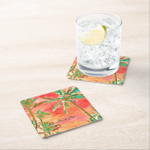 PixDezines Vintage Hawaiian Beach/Coral/Teal Square Paper Coaster