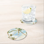 PixDezines Vintage Hawaiian Beach/Pale Blue Sky Round Paper Coaster<br><div class="desc">PixDezines wedding coasters or everyday coasters.., featuring Mauna Lani Beach, vintage style, hawaiian beach with watercolor affects. Our dynamic design allows you to edit all elements. This beautiful digital watercolor coconut palms in teal and breezy blue give you a happy feeling. To see more of our hawaiian beaches, copy and...</div>