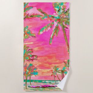 PixDezines Vintage Hawaiian Beach/Pink/Teal Beach Towel