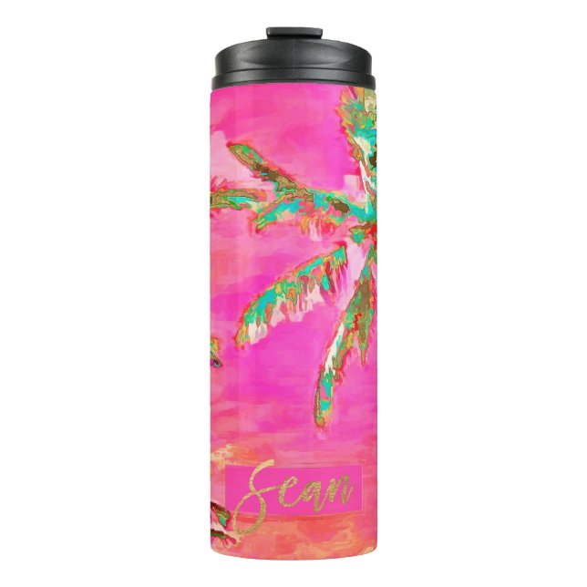 PixDezines Vintage Hawaiian Beach/Pink/Teal Thermal Tumbler (Front)