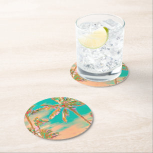 PixDezines Vintage Hawaiian Beach/Teal Round Paper Coaster
