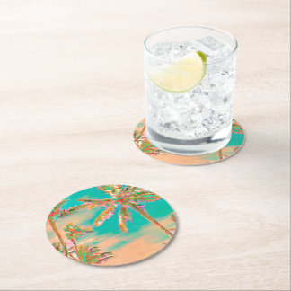PixDezines Vintage Hawaiian Beach/Teal Round Paper Coaster