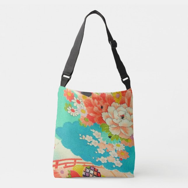 PixDezines Vintage Kimono Print/Peonies/Sakura Crossbody Bag (Front)