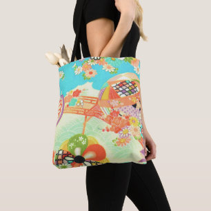 PixDezines Vintage Kimono Print/Peonies/Sakura Tote Bag