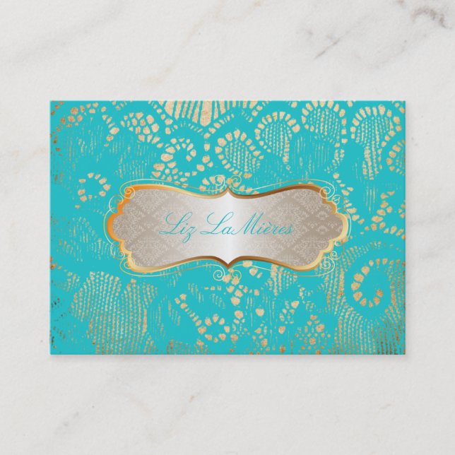 PixDezines Vintage Lace-Up/aqua Business Card (Front)