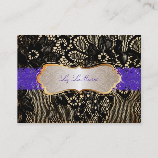 PixDezines Vintage Lace-Up/black+purple Business Card (Front)