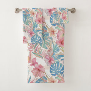 PixDezines Vintage Pastel H2 Hawaii Floral Foliage Bath Towel Set
