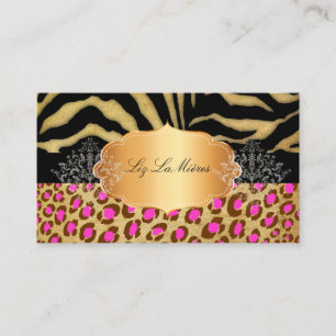 PixDezines Vintage pink leopard, zebra+gold label Business Card